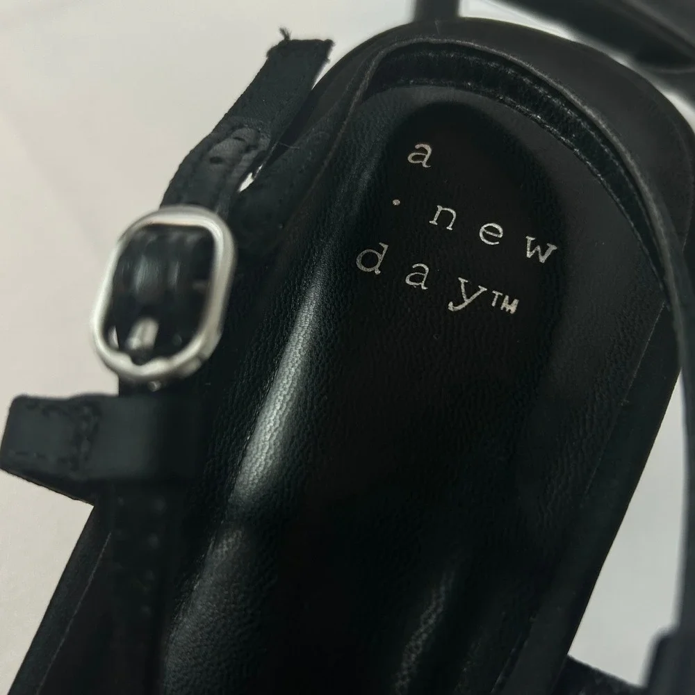 A New Day Black Satin Crystal Buckle Pointed Toe Slingback Kitten‎ Heels 8.5
